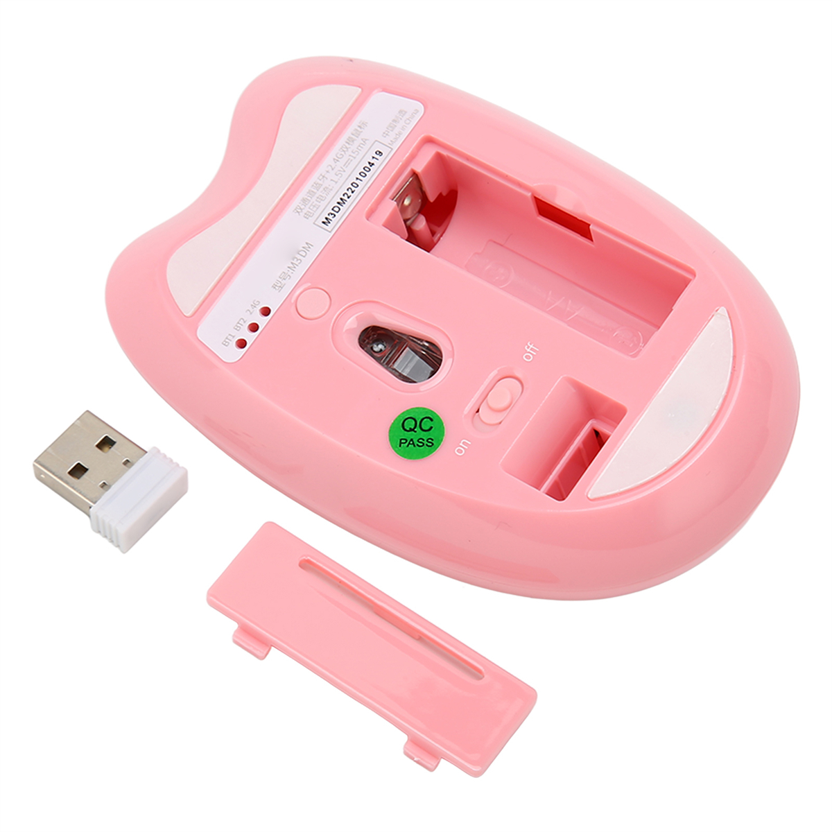 Rosa kabellose Maus mit USB-Empfänger und Batteriefach.