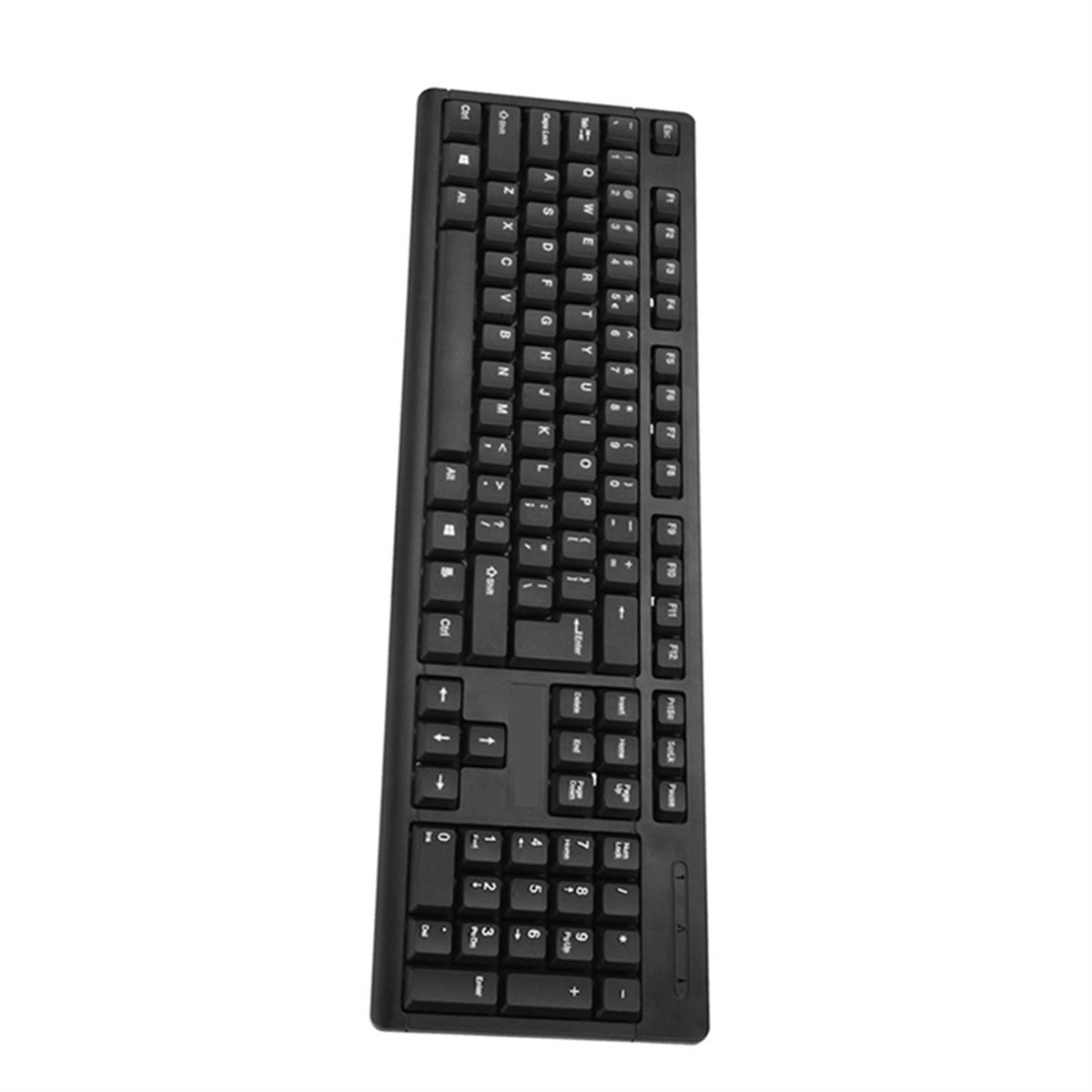 Schwarze Tastatur mit weißen Tasten. Die Tasten sind in einem Standard-Layout angeordnet.