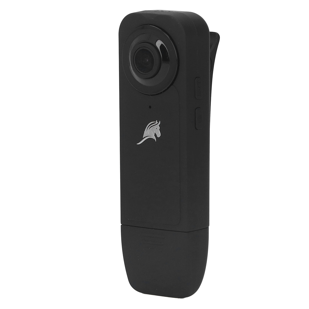 Eine schwarze Mini-Kamera mit Clip. Die Kamera hat ein Objektiv und ein Logo.