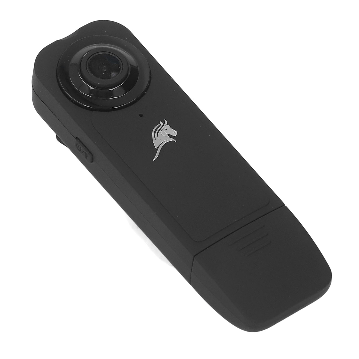 Eine kleine schwarze Kamera mit einem Objektiv und einem silbernen Logo an der Seite wird angezeigt.