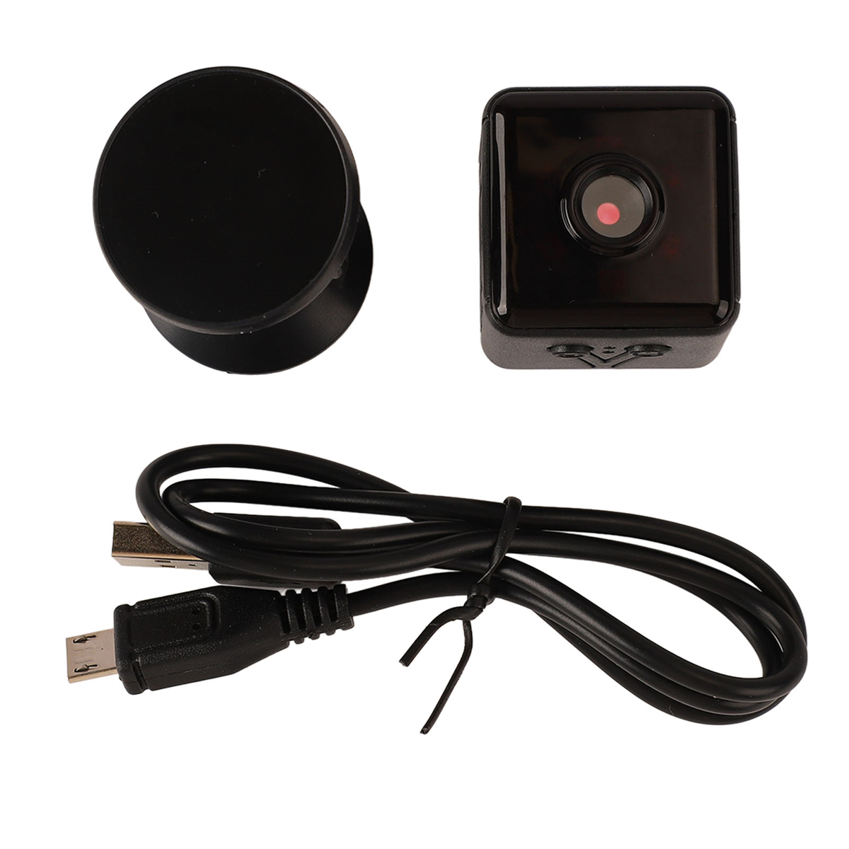 Eine kleine schwarze Kamera mit USB-Kabel und einem kreisförmigen Ständer.