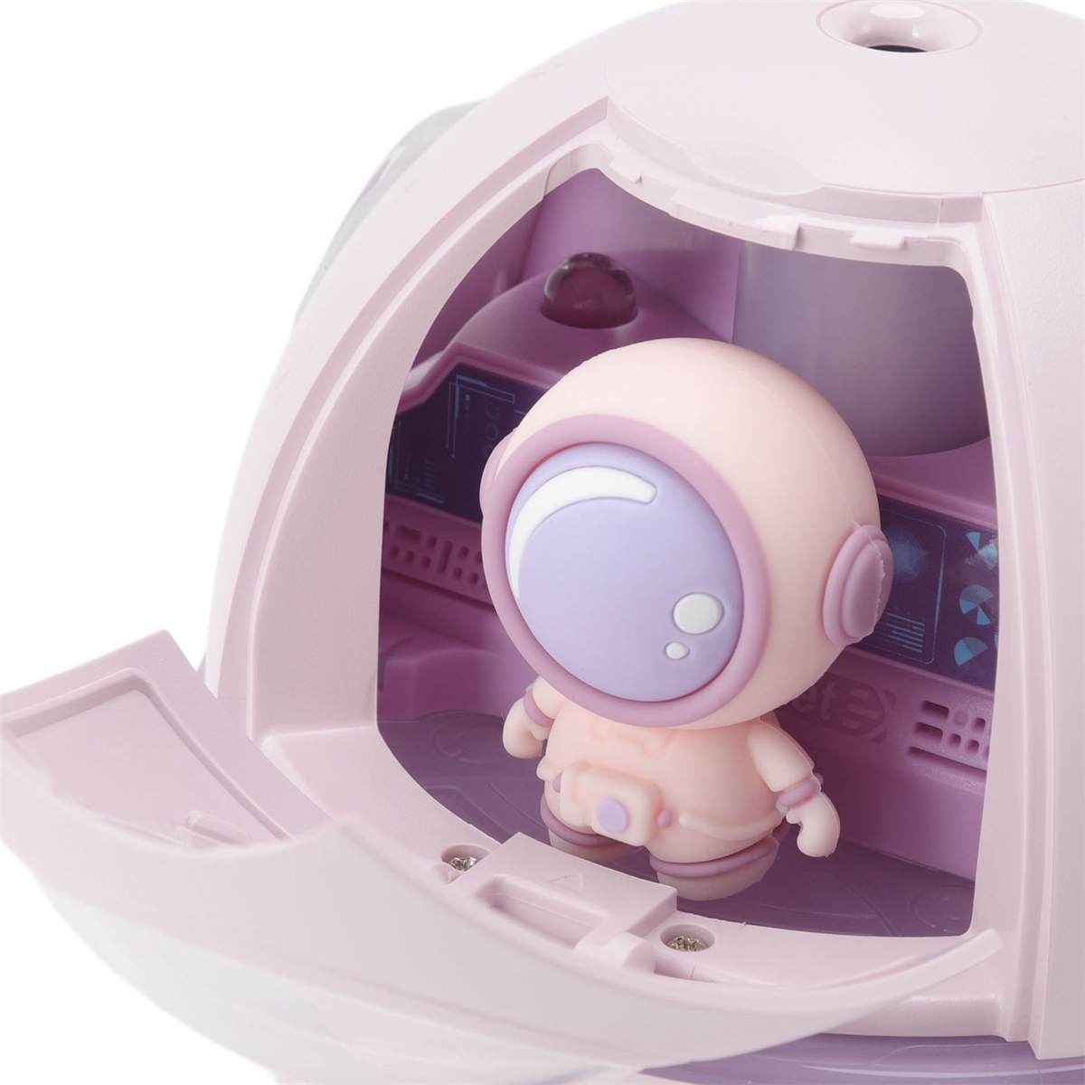 Rosa Astronauten-Spielzeugfigur in einem rosa raumschiffartigen Behälter, offene Tür.