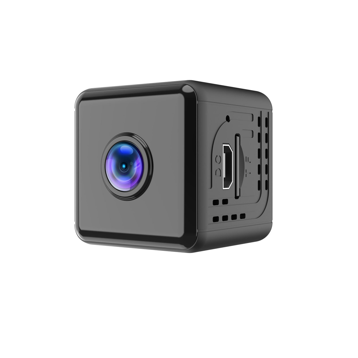 Eine kleine, schwarze, würfelförmige Kamera mit Objektiv und Micro-SD-Kartensteckplatz.