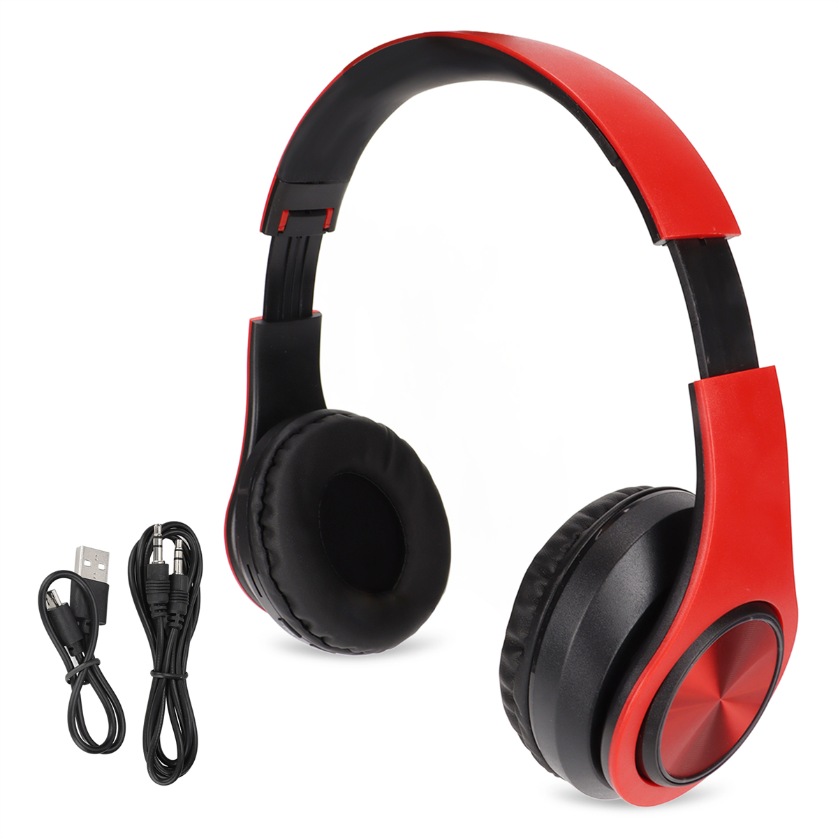 Rote und schwarze Kopfhörer mit USB-Kabel und Klinkenstecker.