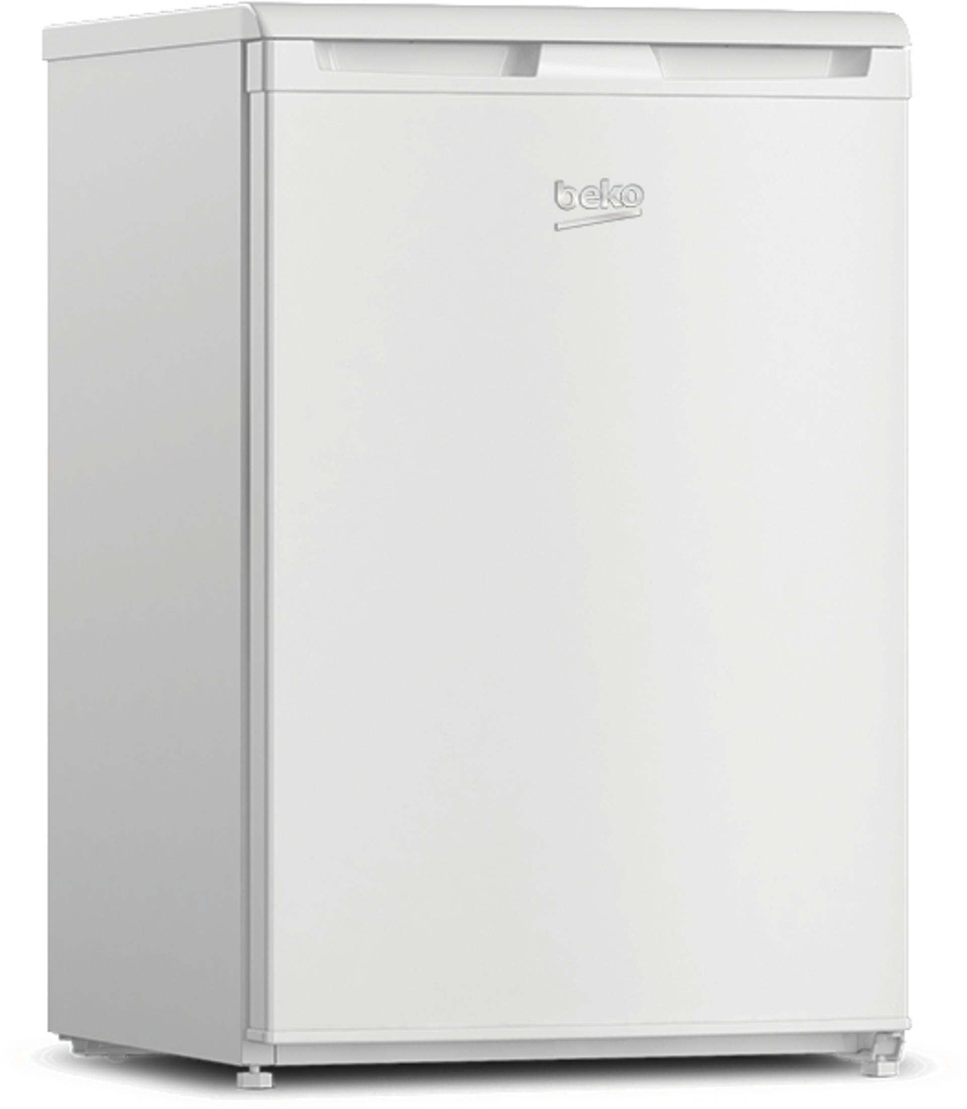 Ein weißer Beko-Kühlschrank mit einem Griff oben und dem Beko-Logo auf der Tür.