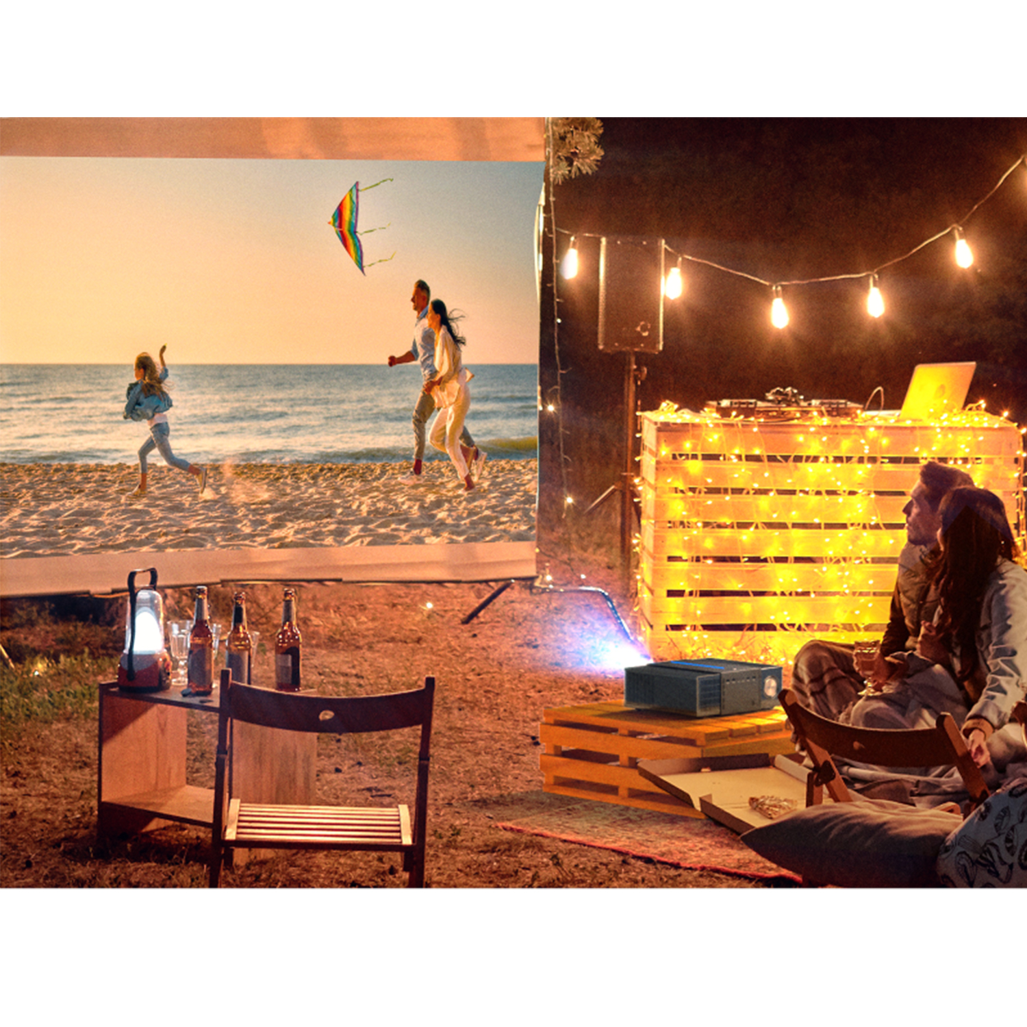 Una pantalla de proyector en una playa, gente corriendo y un grupo sentado junto a una fogata por la noche.