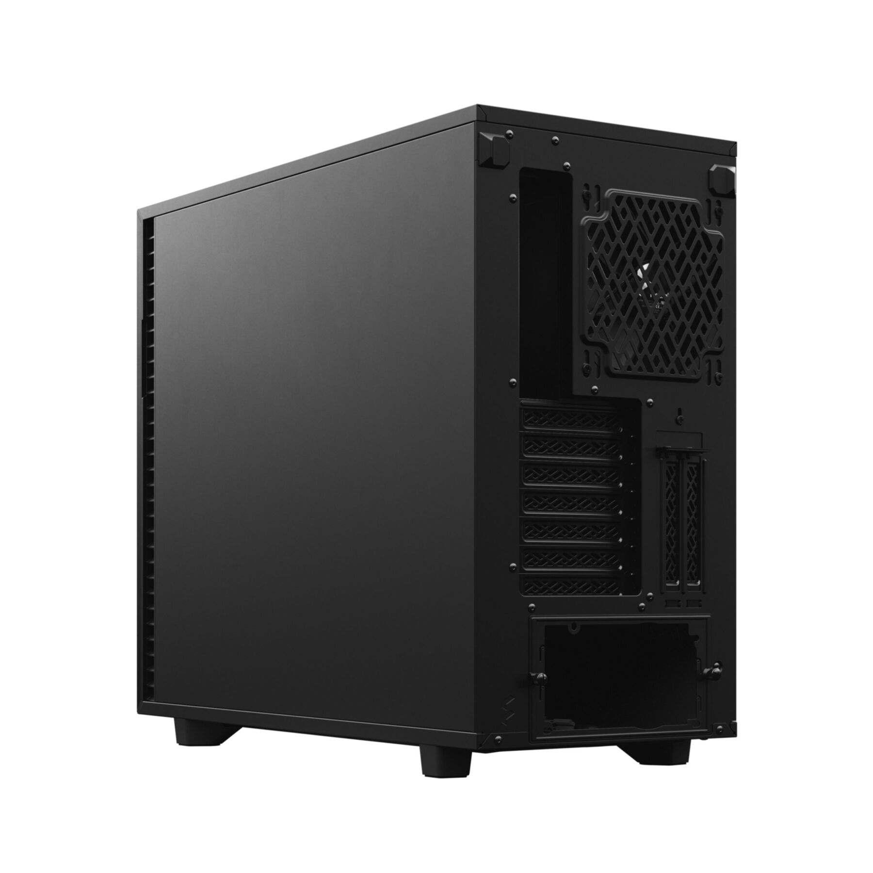 A black computer case, viewed from the back. It has a fan and several openings.