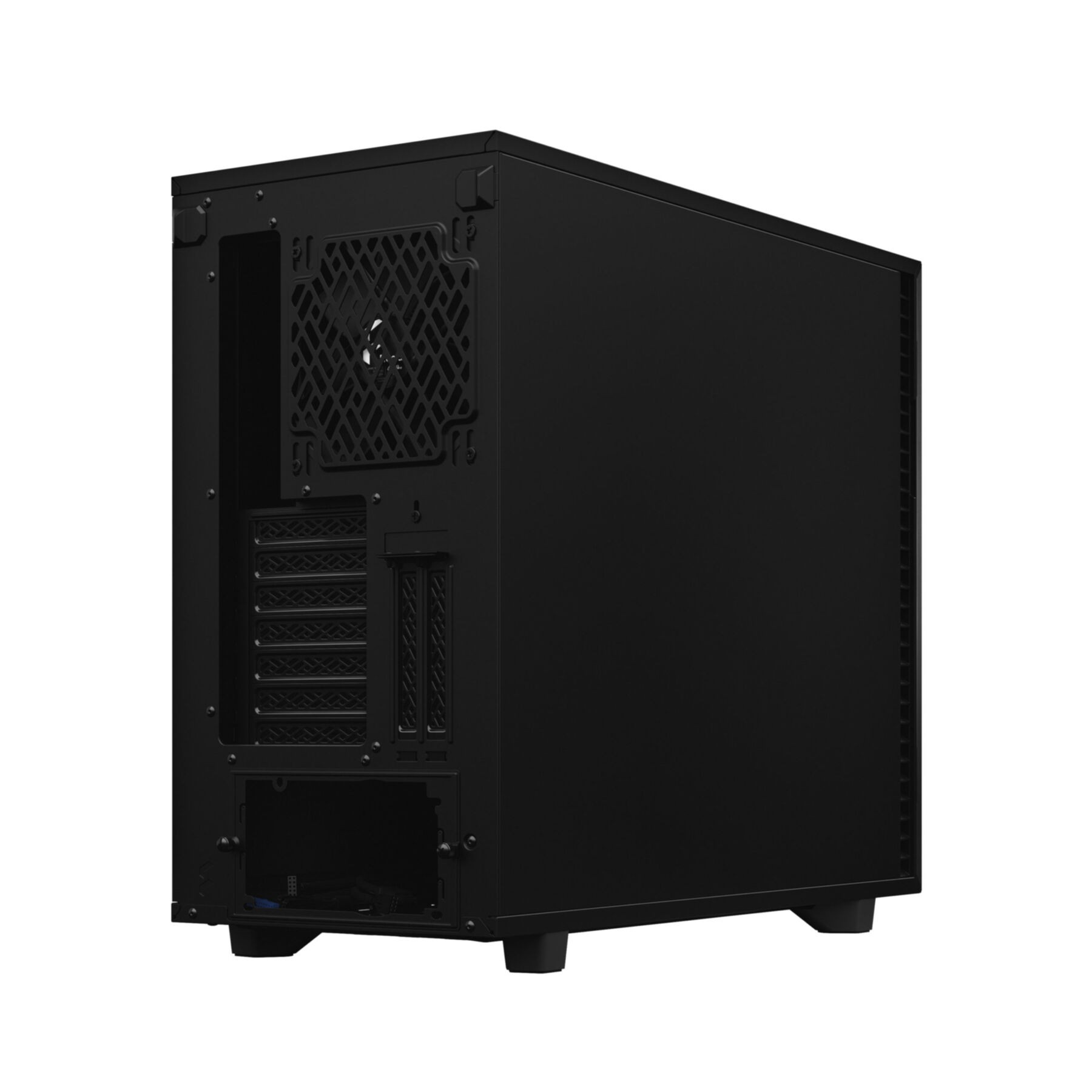 A black computer case, showing the back with vent and ports.