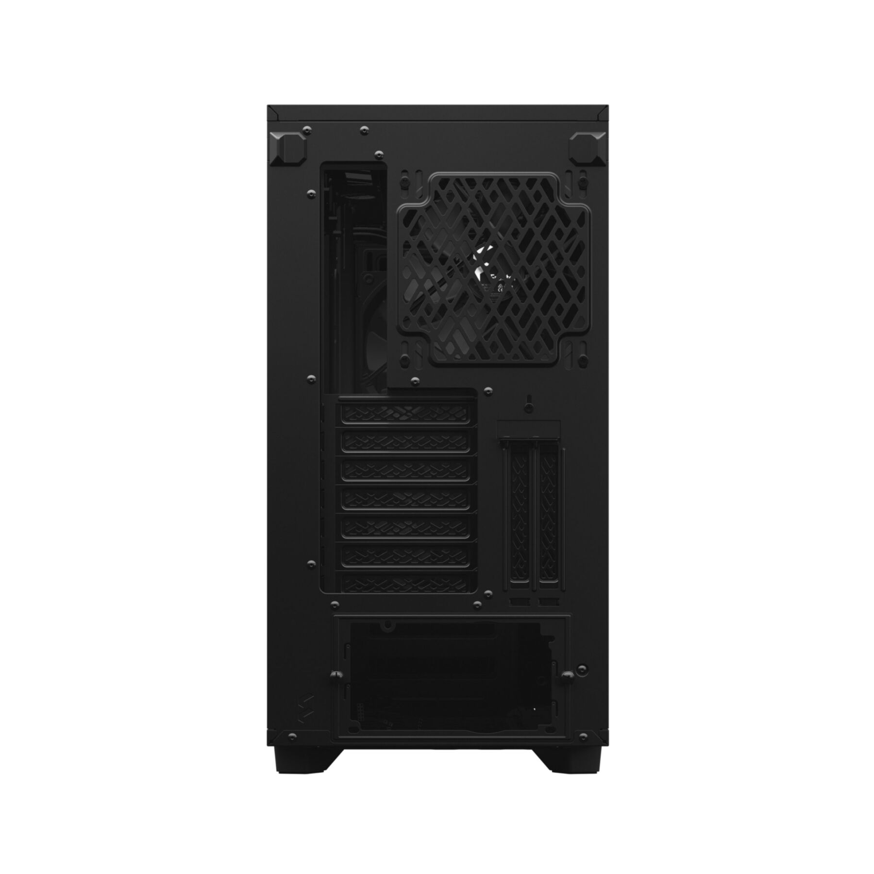 The back of a black computer case. It has a fan and several cutouts for components.