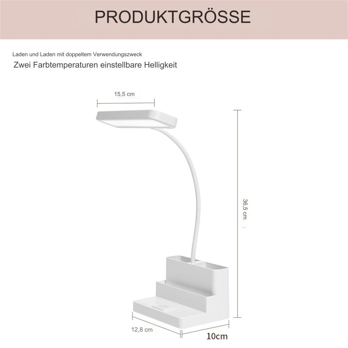 Weiße Schreibtischlampe mit Ladestation. Abmessungen der Lampe werden gezeigt.