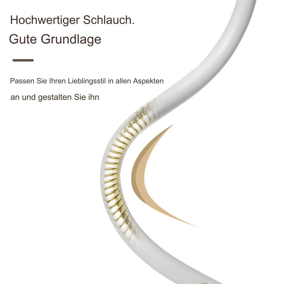 Nahaufnahme eines gebogenen weißen Schlauchs mit gelbem Dekorationselement und Text.