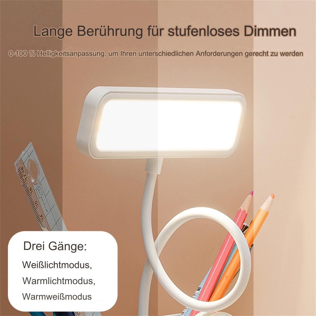 Eine weiße Schreibtischlampe mit flexiblem Hals und Stifthalter, mit Bleistiften und einem Lineal.