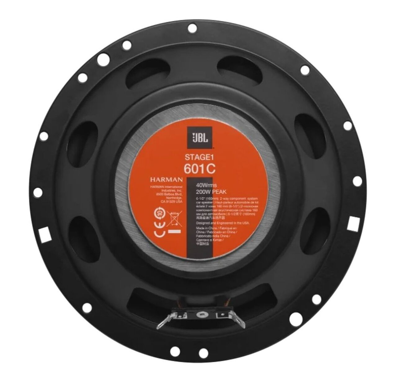 Zwarte luidspreker met JBL-logo. Oranje centrum met productinformatie. Zwarte achtergrond.