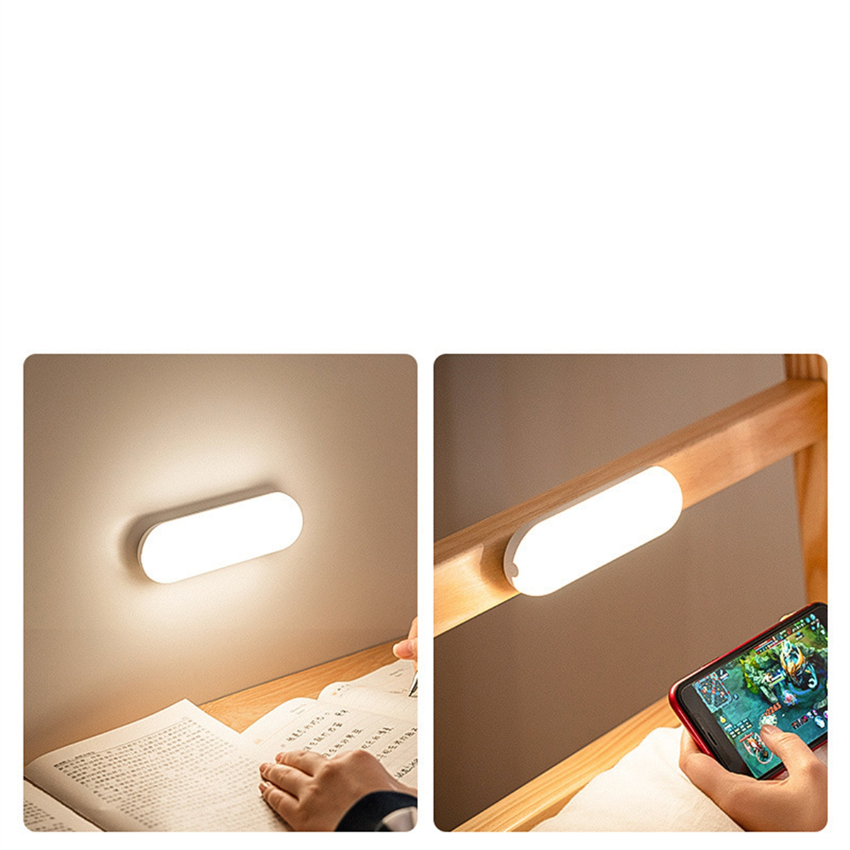 Zwei Bilder: eine Nachttischlampe auf einem Schreibtisch und eine Lampe an einem Holzrahmen. Eine Hand hält ein Telefon.