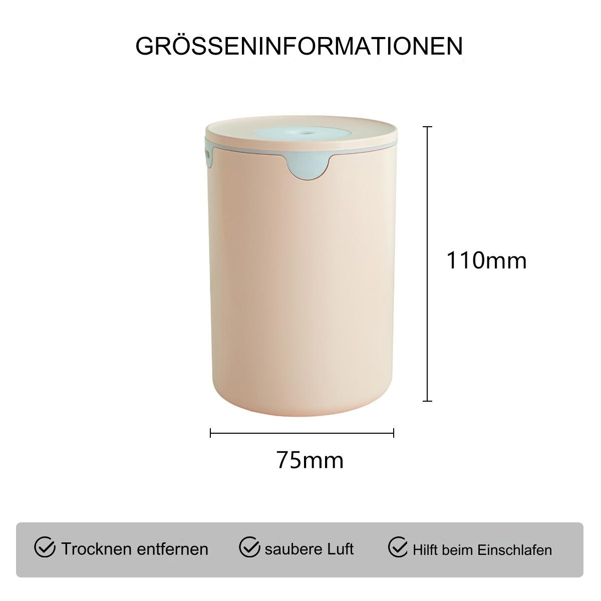 Rosa Zylinder mit Deckel, Abmessungen gezeigt. Text: Trocken entfernen, saubere Luft, Hilft beim Einschlafen.