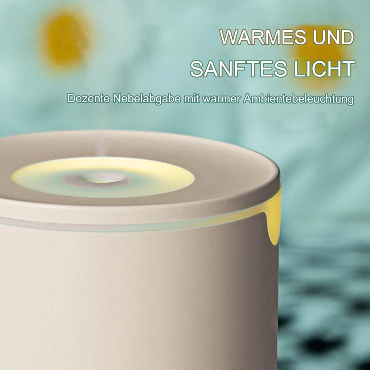 Weißer und beiger Luftbefeuchter mit warmem Licht. Der Text lautet 'Warmes und sanftes Licht'.