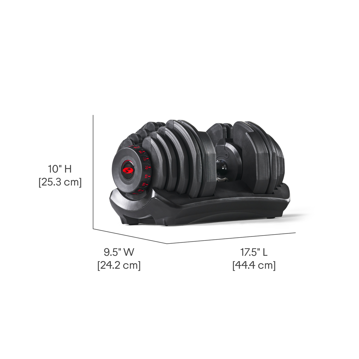 Zwarte dumbbell met een gewichtsinstelknop. Afmetingen worden ook weergegeven.