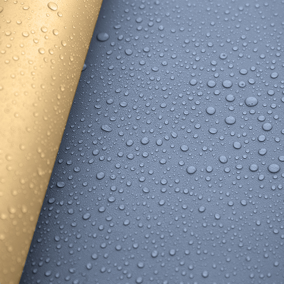 Blauer und tanfarbener wasserdichter Stoff mit Wassertropfen. Tan-Teil wird aufgerollt.