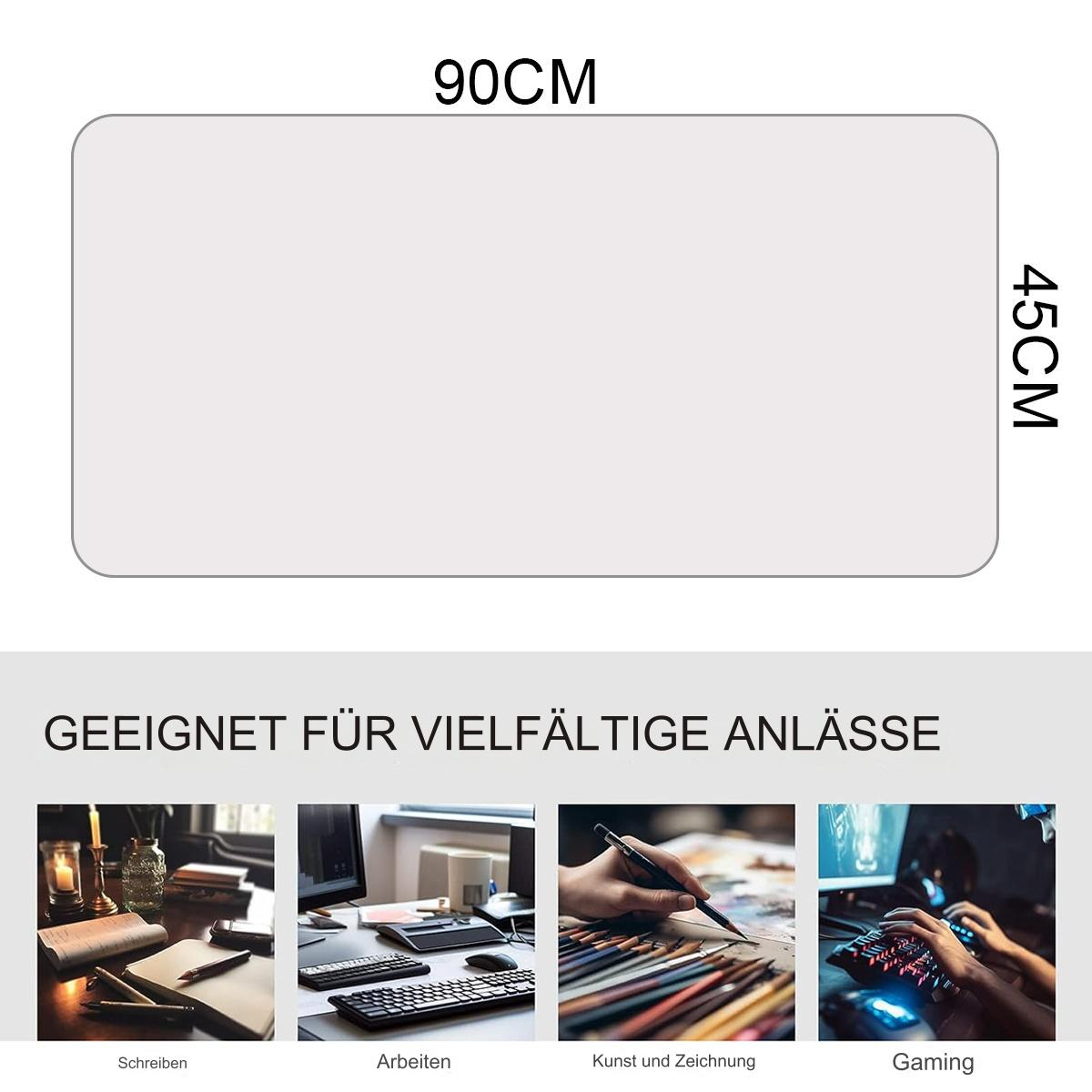 Rechteckige weiße Schreibtischunterlage mit den Maßen 90 cm x 45 cm. Bilder von verschiedenen Aktivitäten.