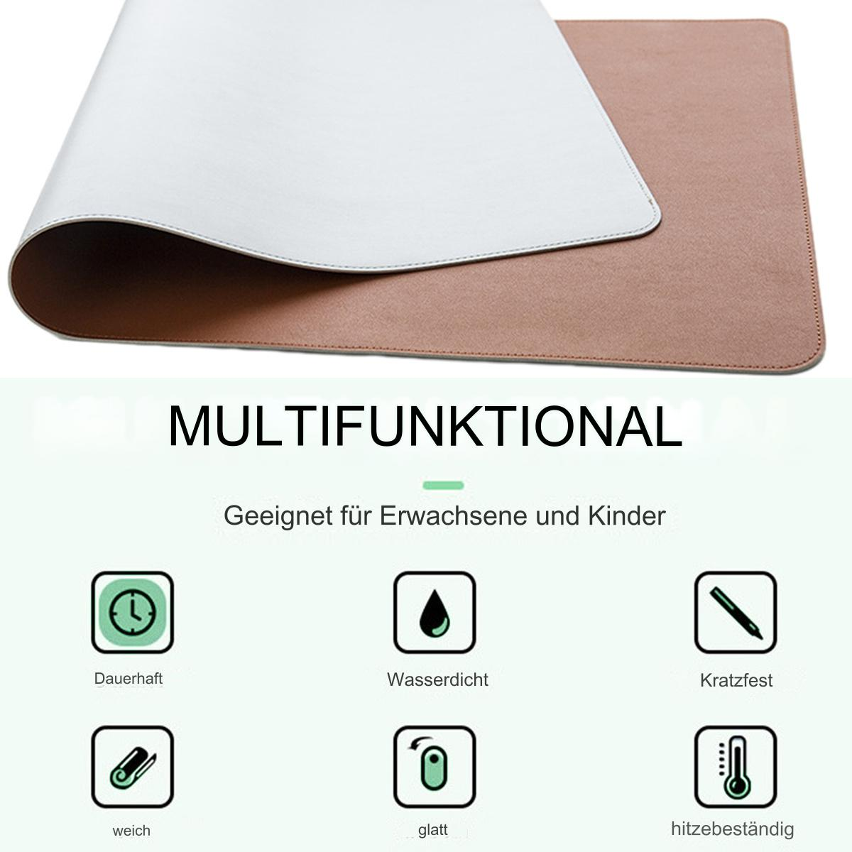 Ein multifunktionales Mousepad, oben weiß und unten braun, mit Symbolen und Text.