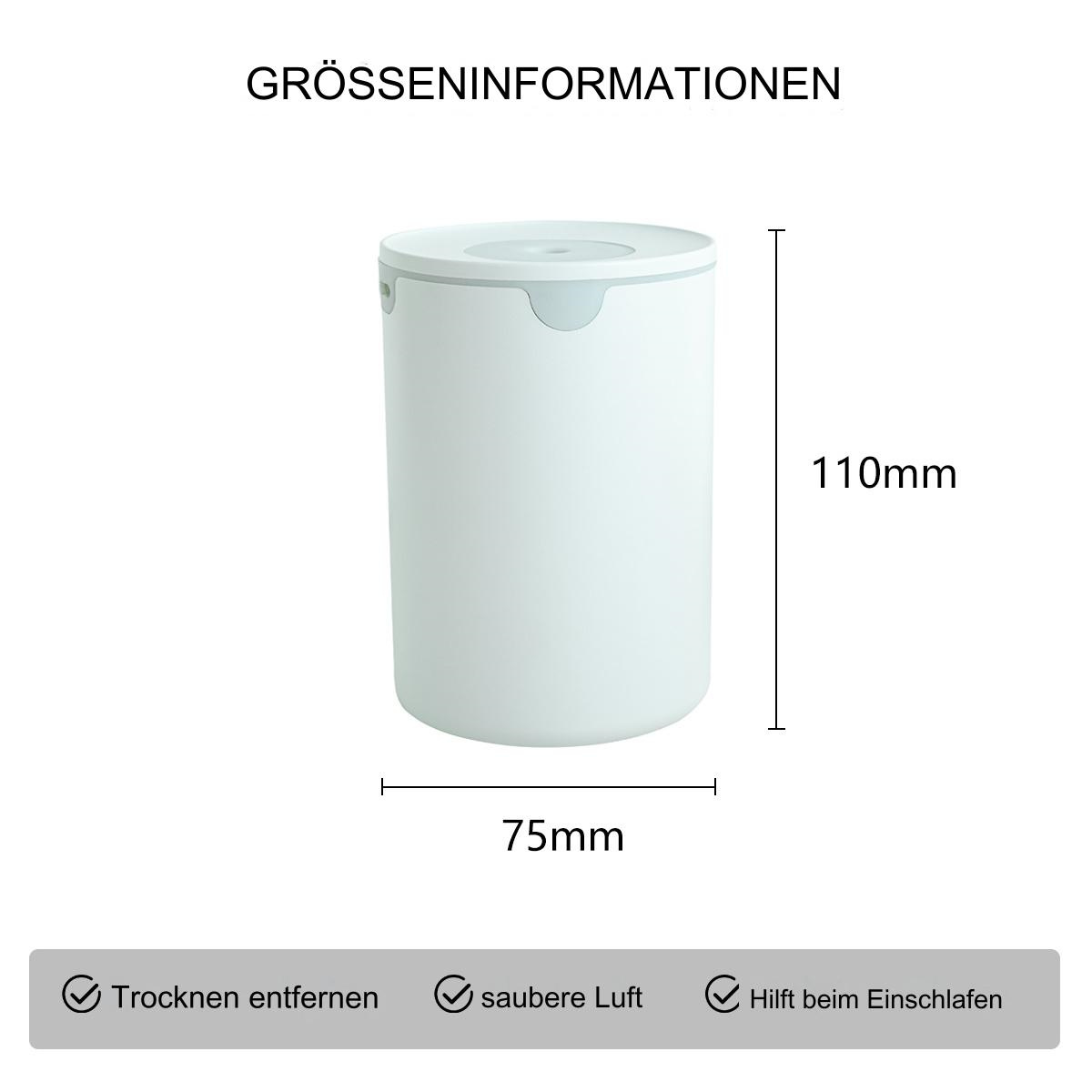 Ein weißer Luftreiniger mit Abmessungen und Funktionssymbolen.