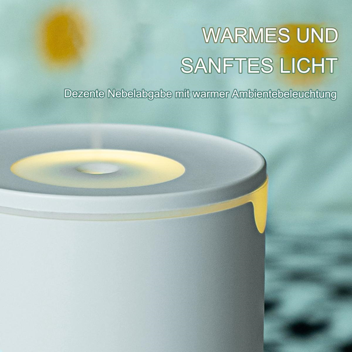 Ein weißer Luftbefeuchter mit gelbem Licht, das von oben ausgeht, mit Text auf Deutsch.