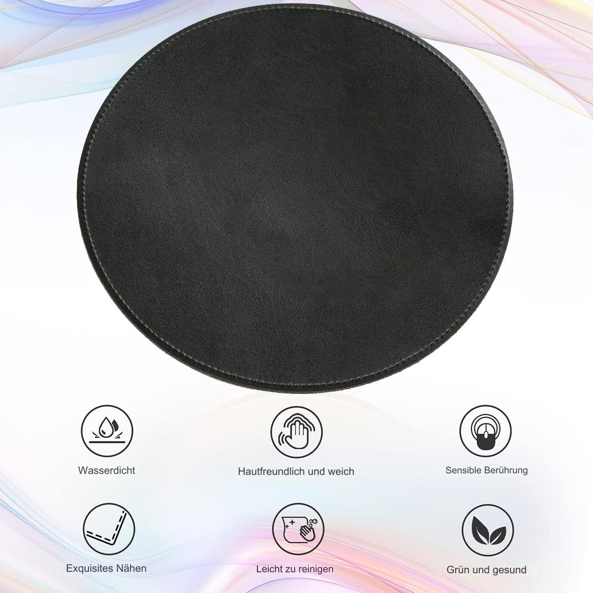 Schwarzes rundes Mauspads mit Symbolen darum, weißer Hintergrund.