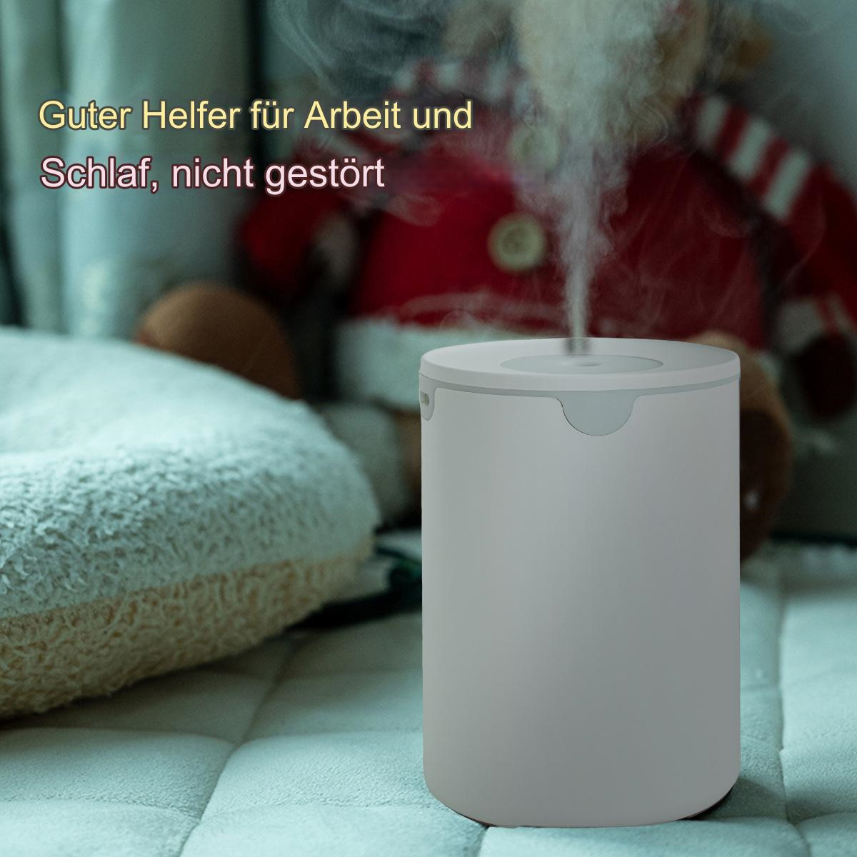 Ein grauer Luftbefeuchter, der Nebel ausstößt. Text auf Deutsch. Ein roter, verschwommener Hintergrund.