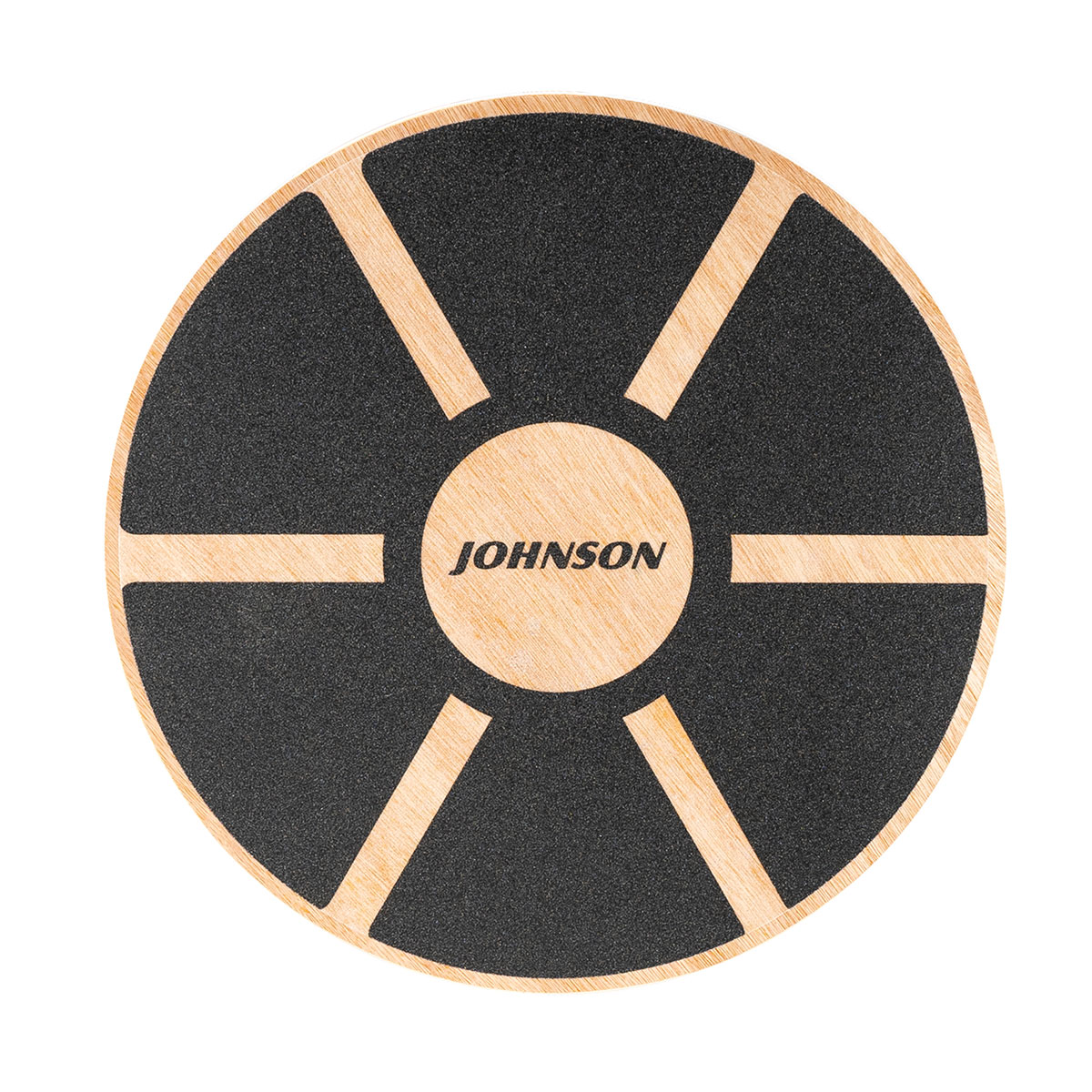 Ein Balance Board aus Holz mit schwarzer strukturierter Oberfläche und dem Wort 'JOHNSON'. Das Board hat ein kreisförmiges Design.