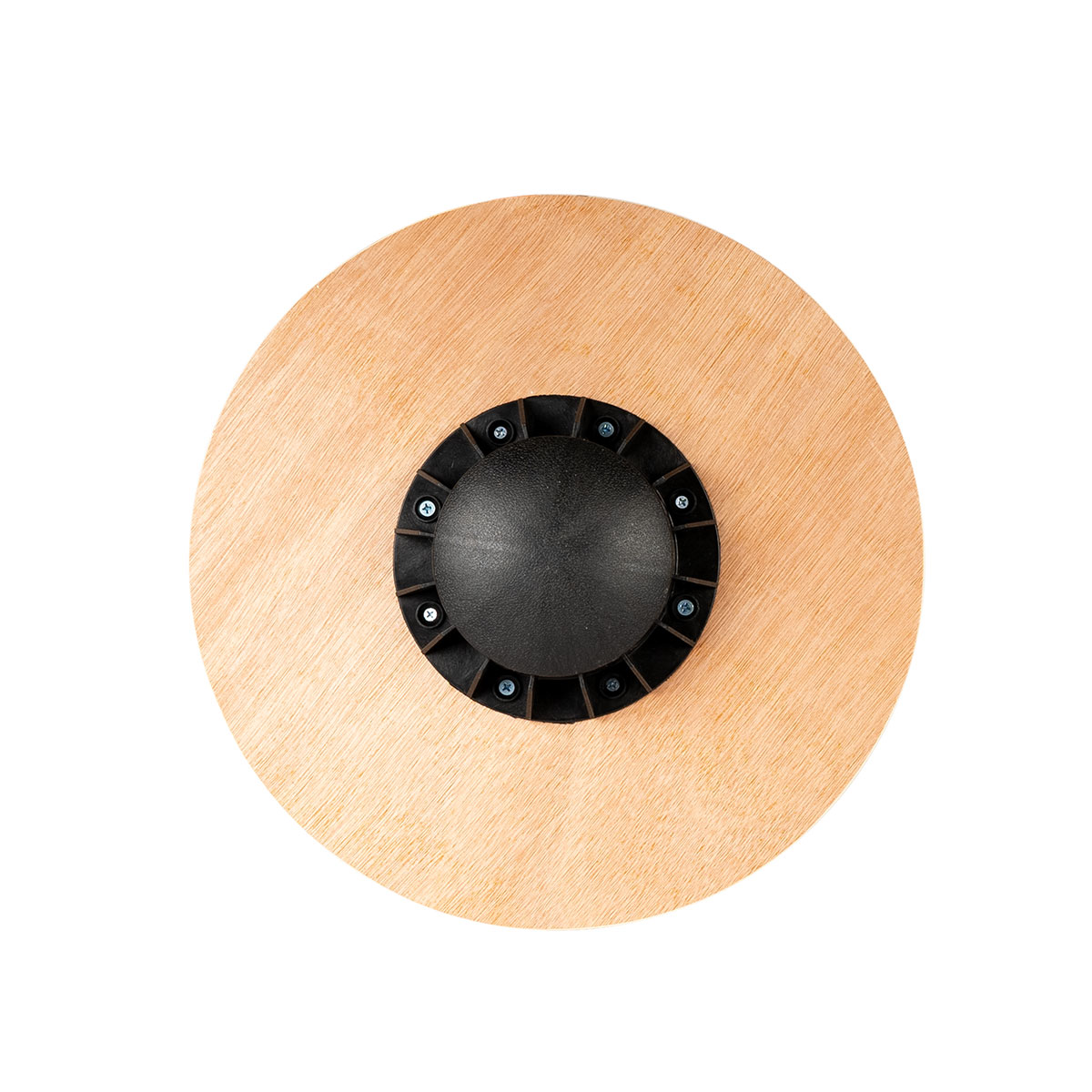 Ein hölzernes Balance Board mit einem schwarzen, runden Mittelteil. Das Board ist hellbraun mit schwarzem Rand und Schrauben.