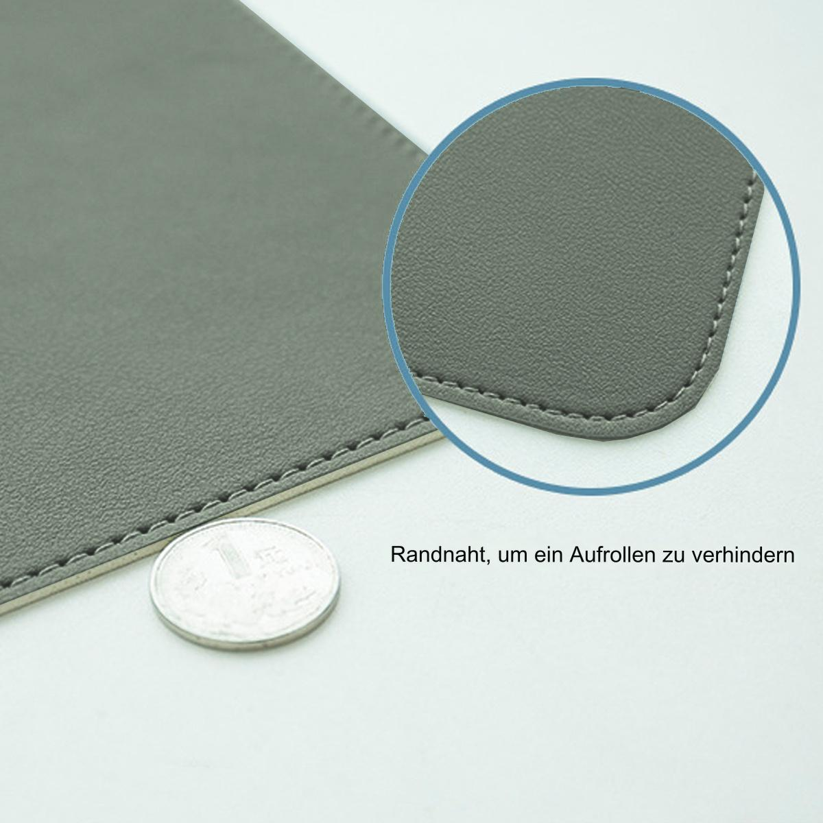 Ein graues Schreibtischpad mit einer Münze und Nahaufnahme der genähten Kante.