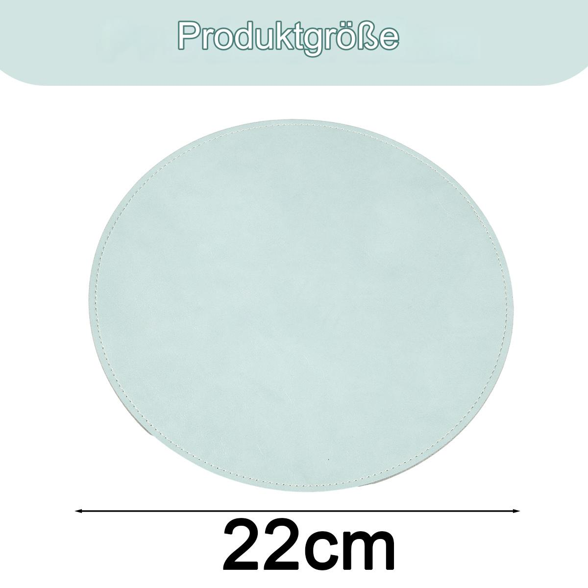 Runder, hellblauer Platzdeckchen auf weißem Hintergrund. Text: Produktgröße, 22cm.