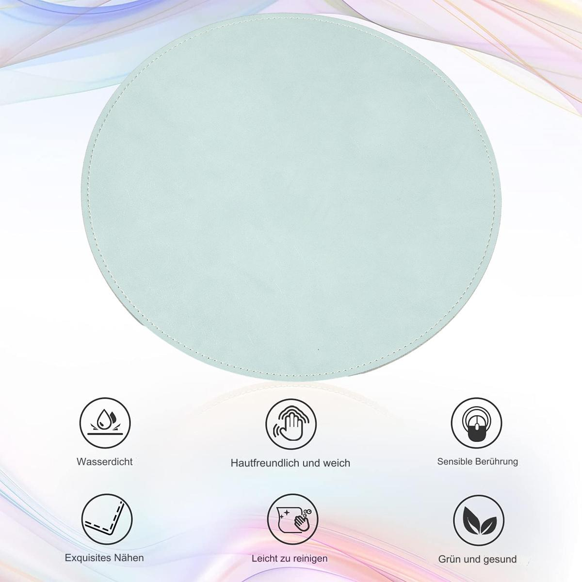 Rundes, hellblaues Mousepad mit Symbolen unten, freigestellt.