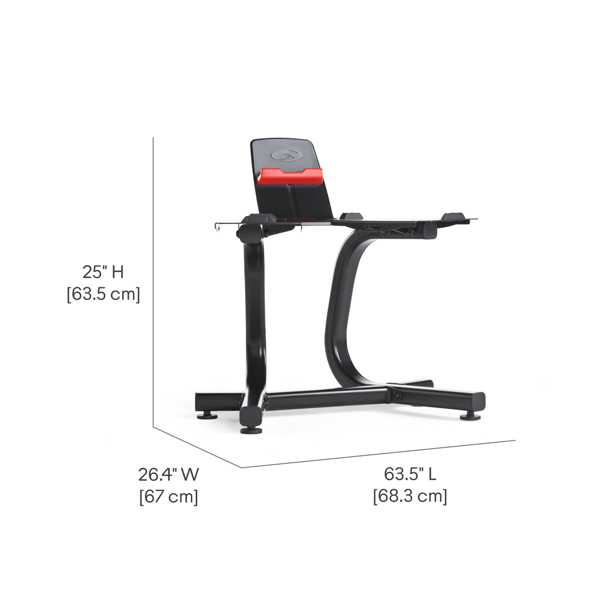 Zwart gewichtrek met afmetingen. 25" hoog, 26,4" breed, 63,5" lang. Witte achtergrond.