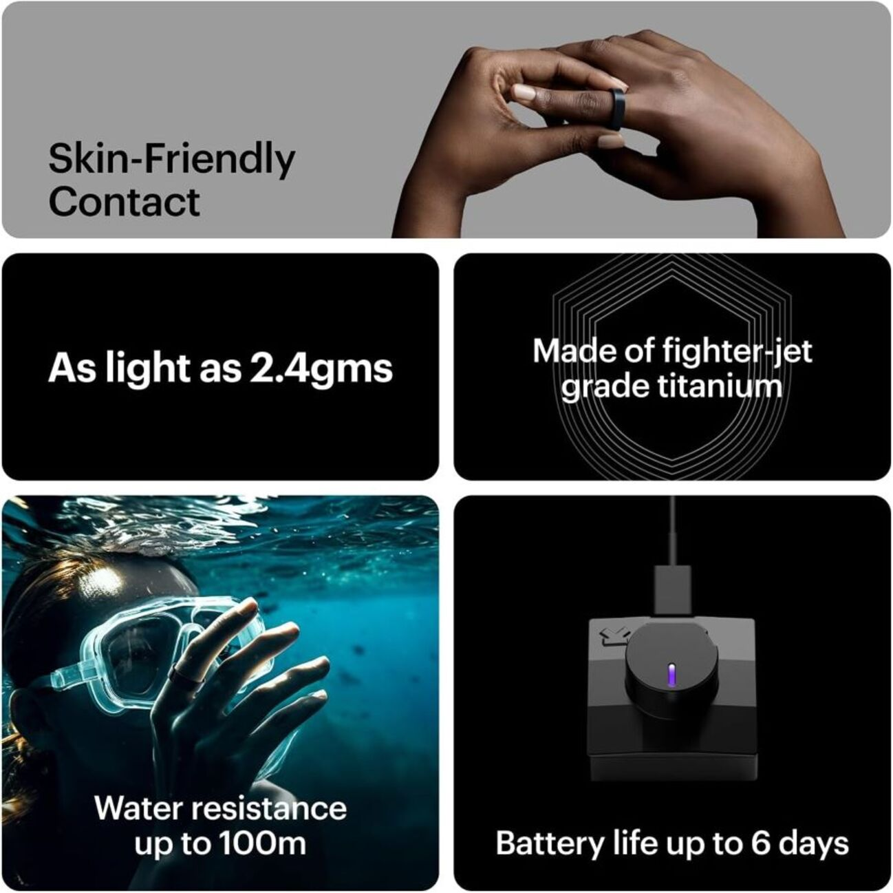 Mehrere Bilder eines smarten Rings und seine Funktionen, schwarzer Hintergrund.