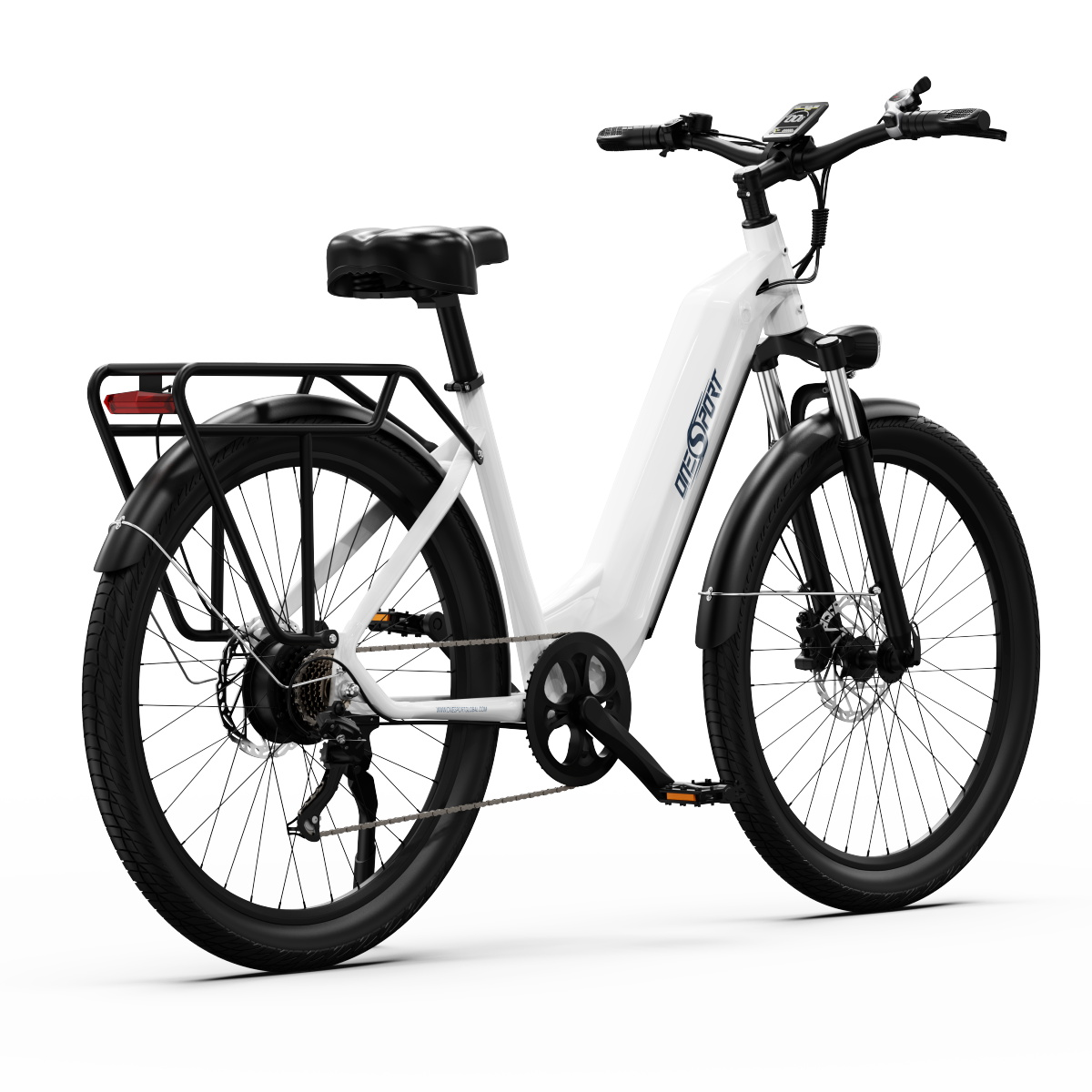 Bicicletta elettrica bianca con pneumatici e componenti neri, su sfondo bianco.
