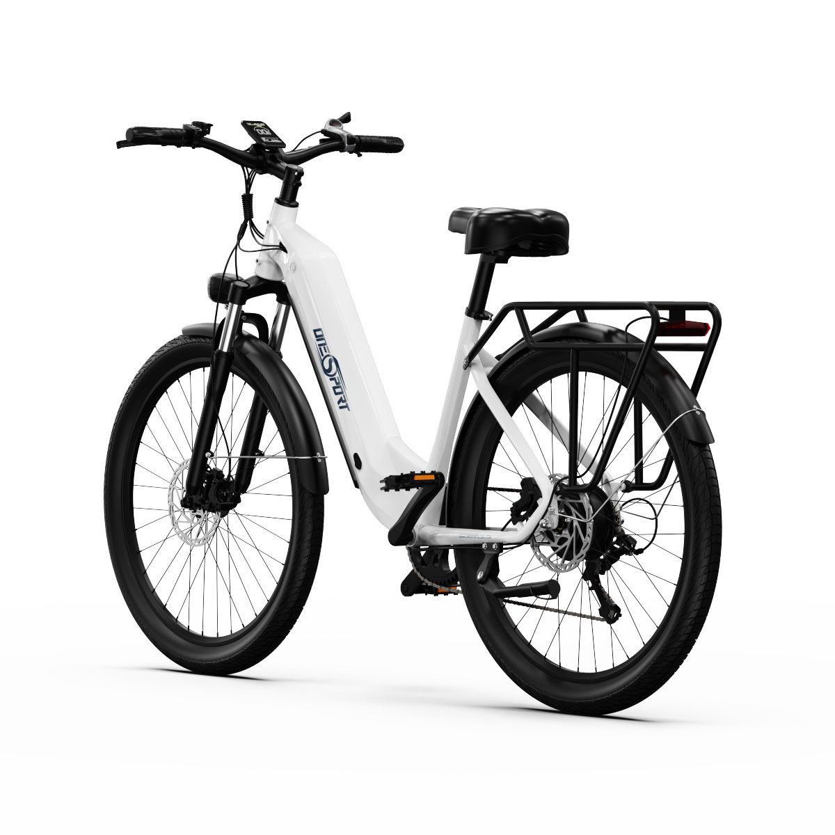 E-bike bianca con pneumatici neri e portapacchi posteriore. La bici ha una batteria e un motore.