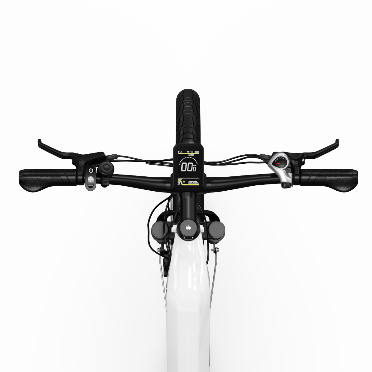Vista dall'alto del manubrio di una bicicletta elettrica bianca con display, comandi e leve dei freni.