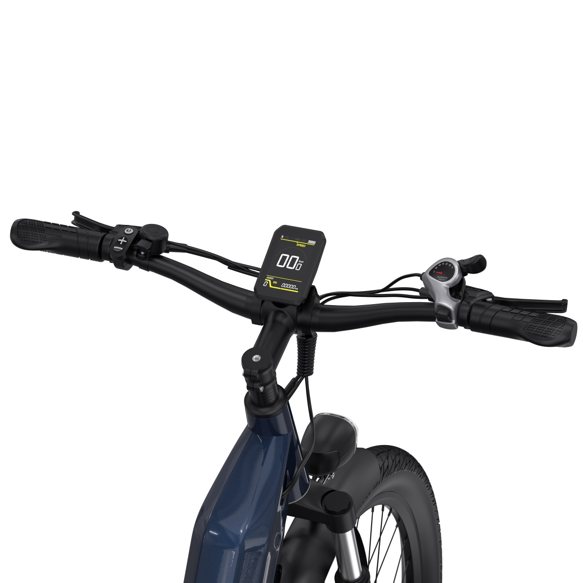 Primo piano del manubrio di una bici elettrica, che mostra il display e i comandi.