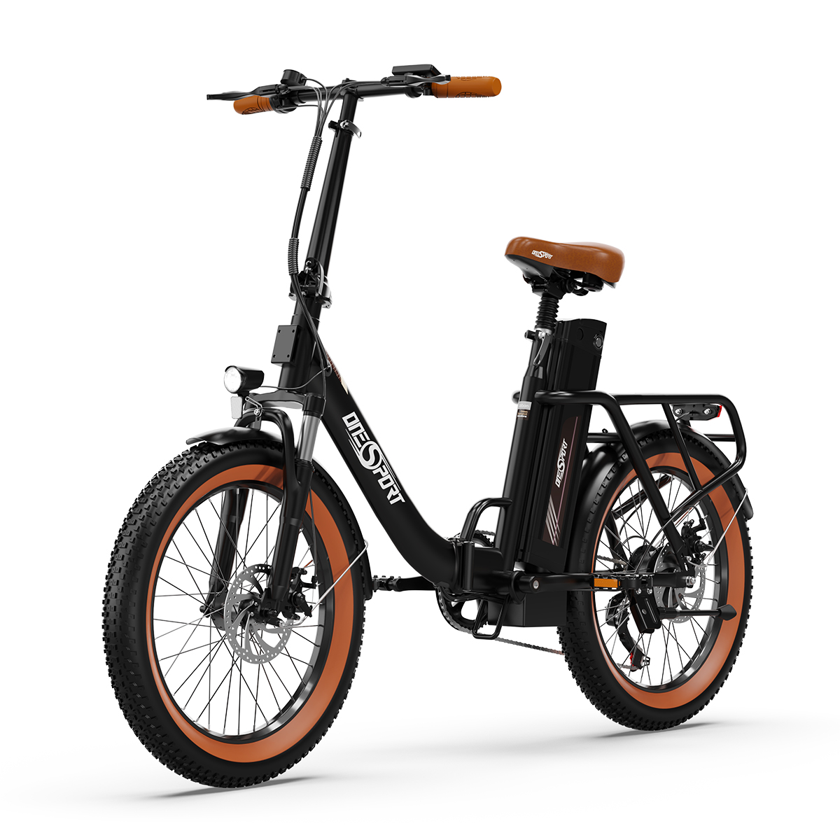 Schwarzes Elektrofahrrad mit braunen Reifen, Licht und Sitz. Weißer Hintergrund.