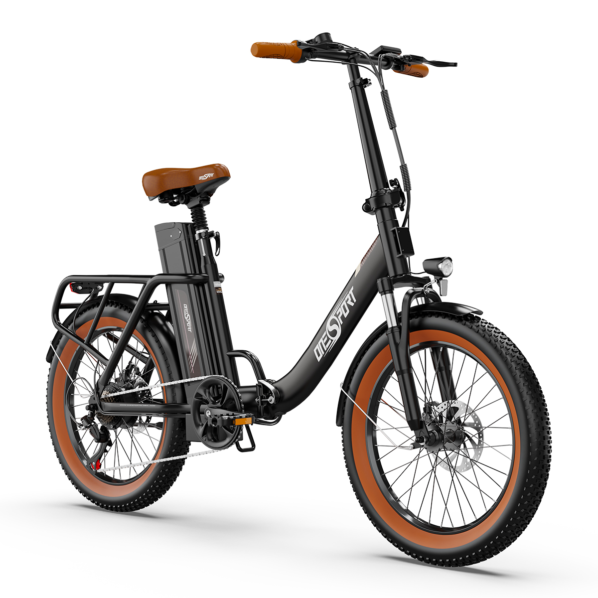 Schwarzes, faltbares Elektrofahrrad mit braunen Reifen und Sitz, einem Gepäckträger und einem Scheinwerfer.