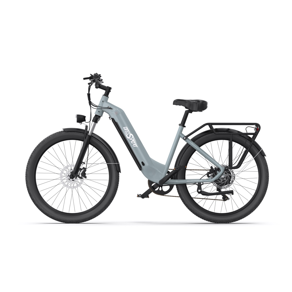 Bicicletta elettrica grigia. Ha pneumatici neri e un portapacchi.