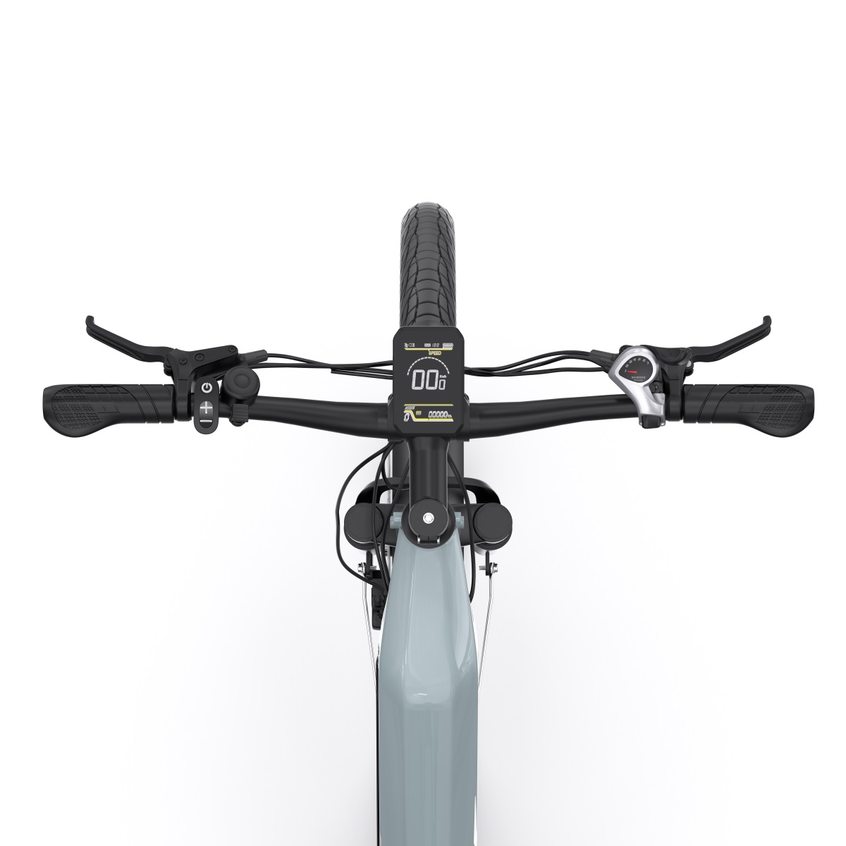 Vista dall'alto del manubrio di una e-bike. I display mostrano velocità e altri dati.