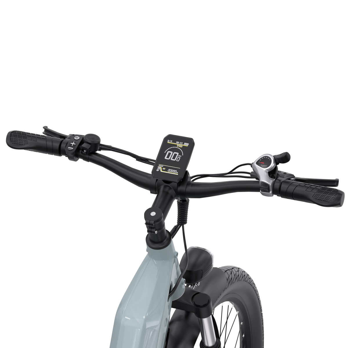 Manubrio e-bike. Maniglie nere, display e luce anteriore. Telaio grigio.