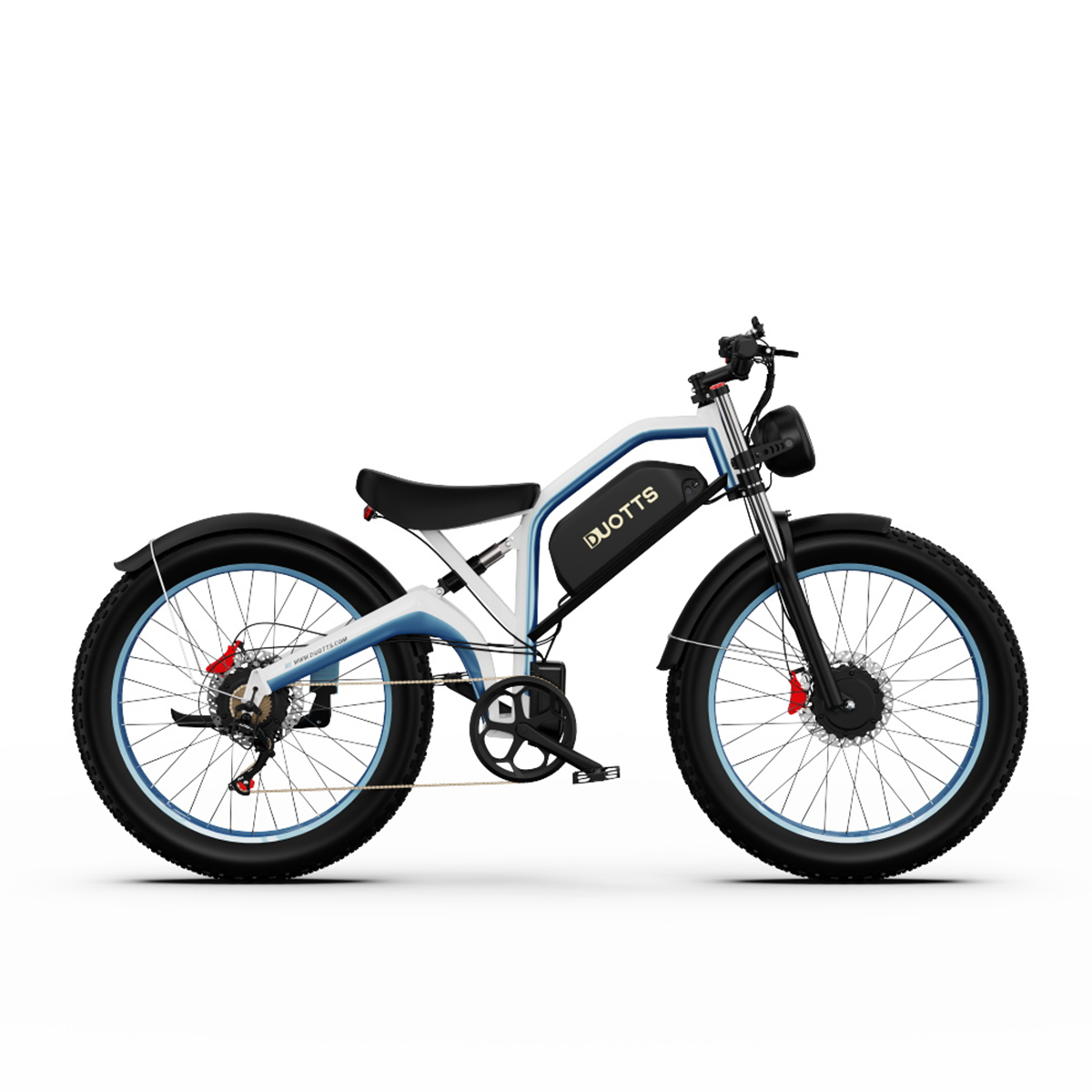 Una bicicleta eléctrica blanca y azul sobre un fondo blanco, con neumáticos negros y un sillín.