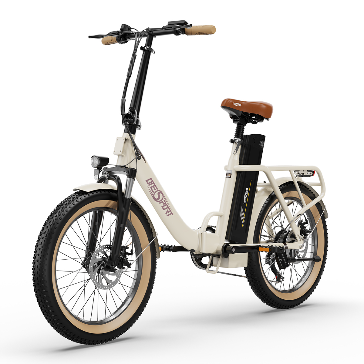 Bicicletta elettrica bianco sporco con sella e pneumatici marroni. Dettagli neri e un cestino posteriore.
