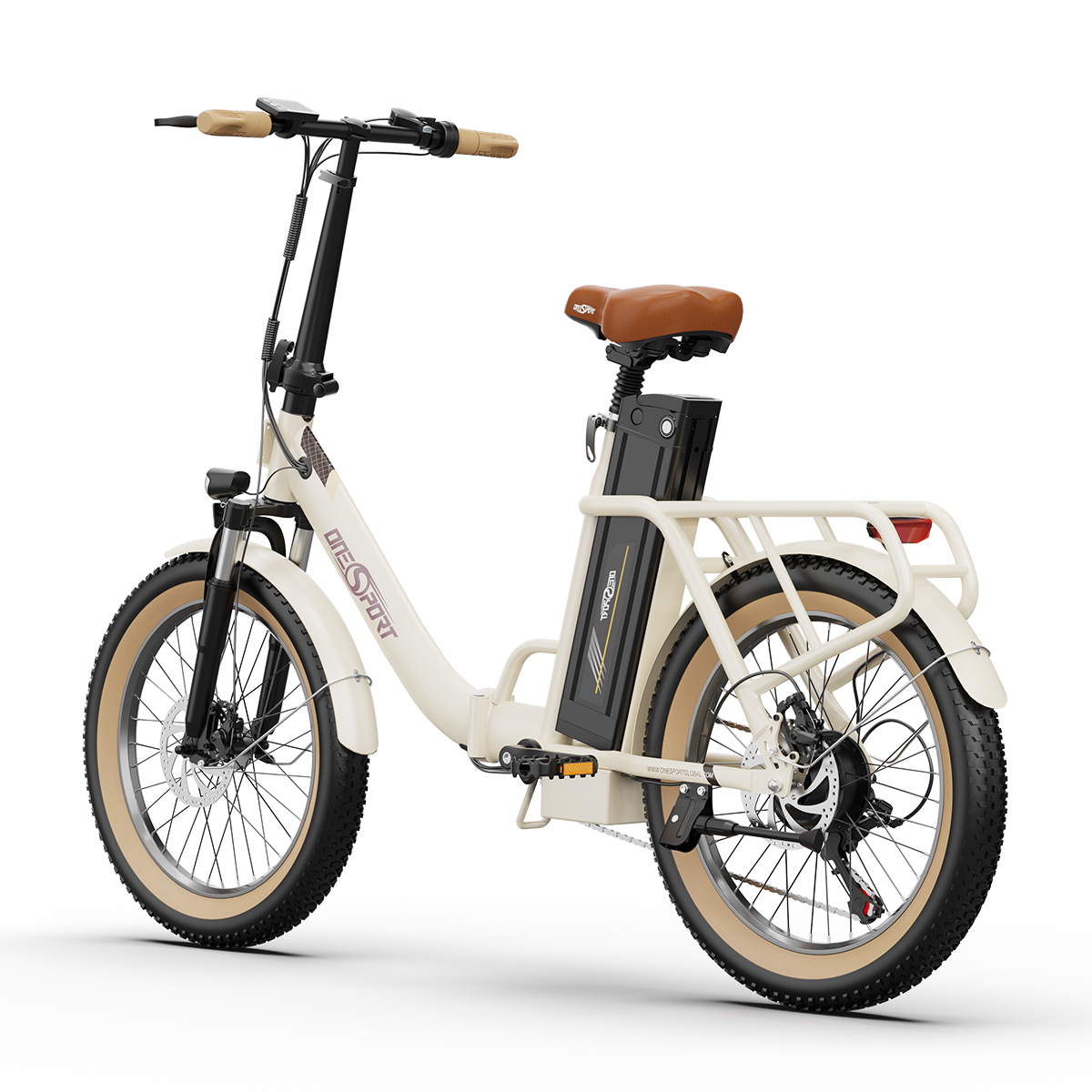 Una bici elettrica bianca con sella e pneumatici marroni, telaio e batteria neri, su sfondo bianco.