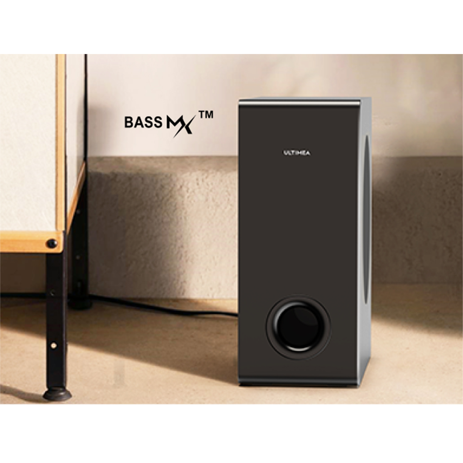 Subwoofer negro con borde plateado. Logotipo Bass MX visible.