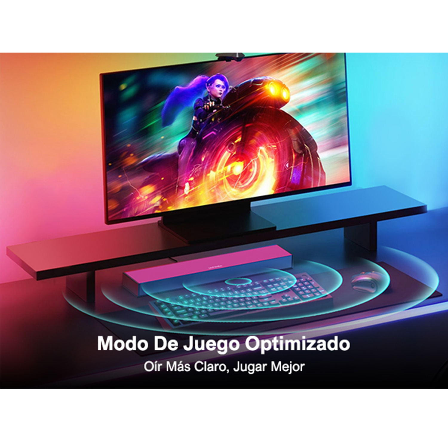 Configuración de escritorio con monitor, teclado, ratón y texto optimizado para juegos.