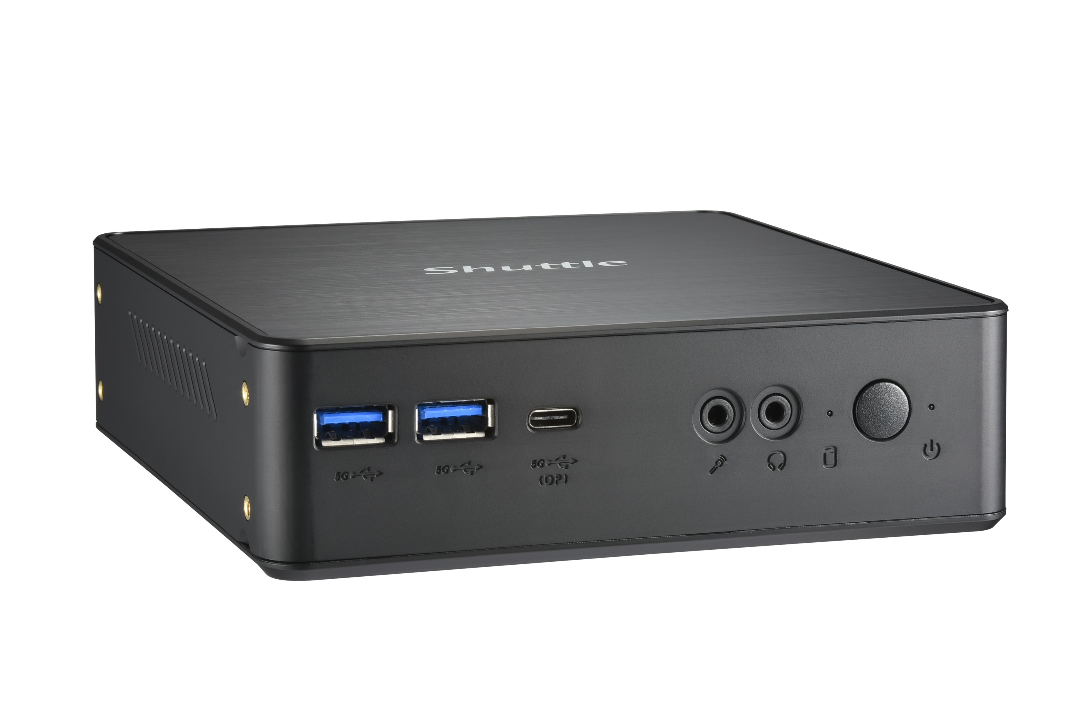 Computer Shuttle nero con porte visibili. Ha USB, jack audio e pulsante di accensione.